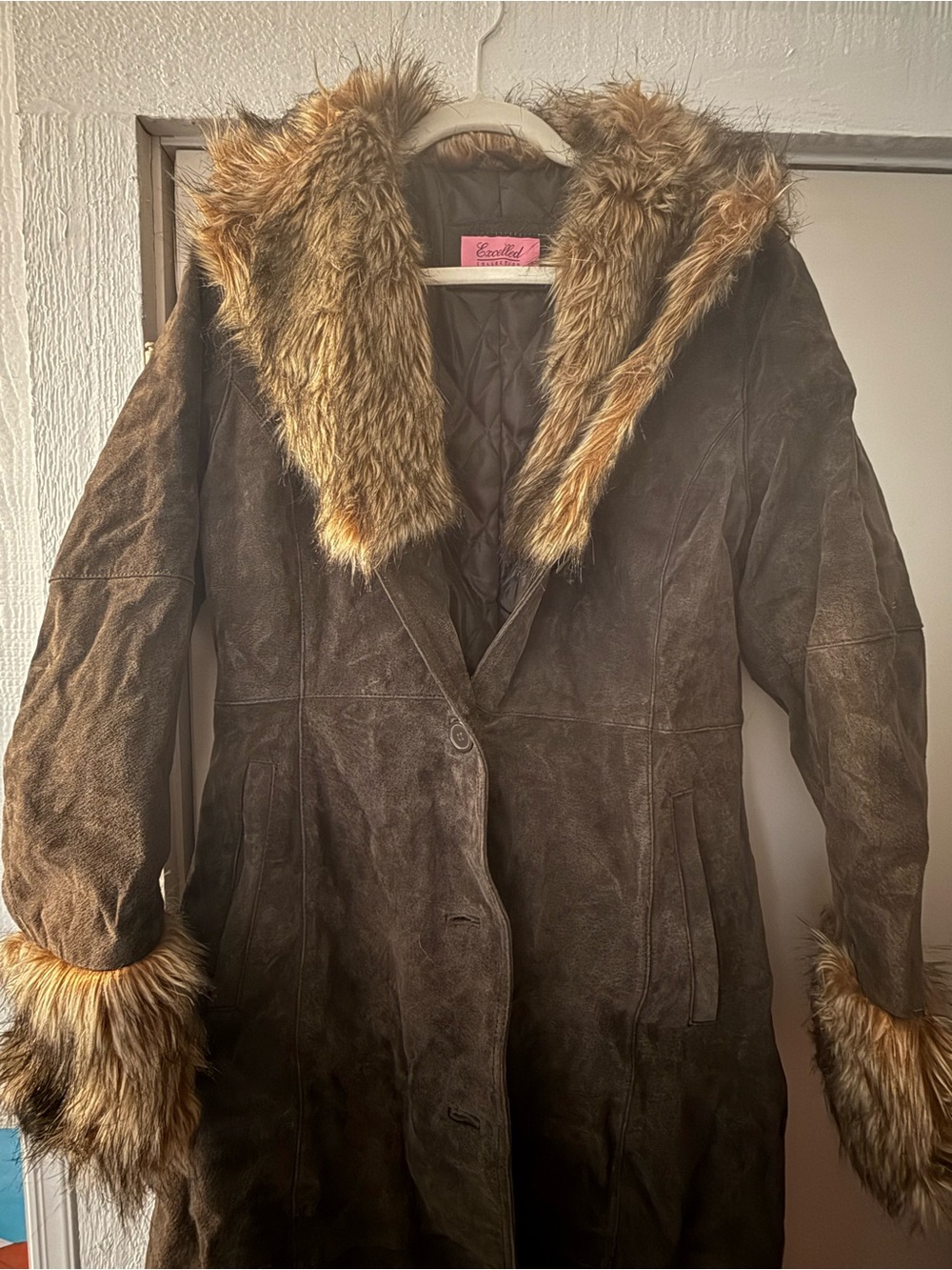 Brown Suede Penny Lane Coat with Faux Fur Collar and Cuffs